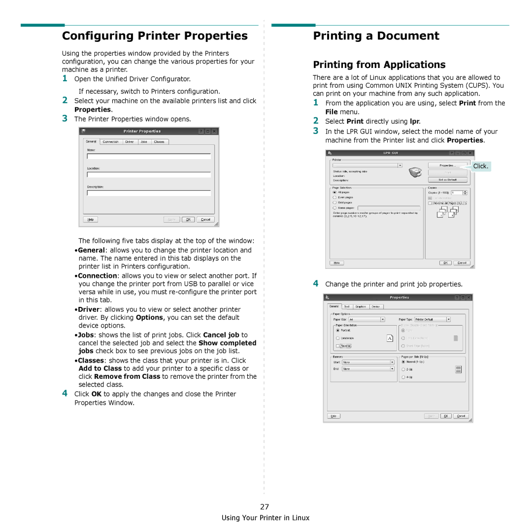 Samsung SCX-4300 Configuring Printer Properties, Printing from Applications, Change the printer and print job properties 