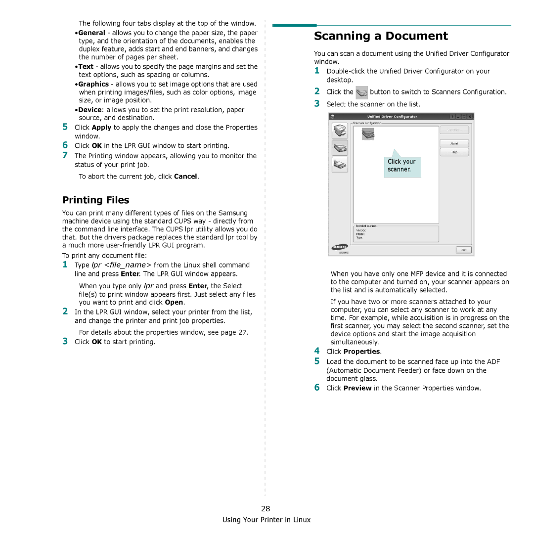 Samsung SCX-4300 manual Scanning a Document, Printing Files, Click Properties 