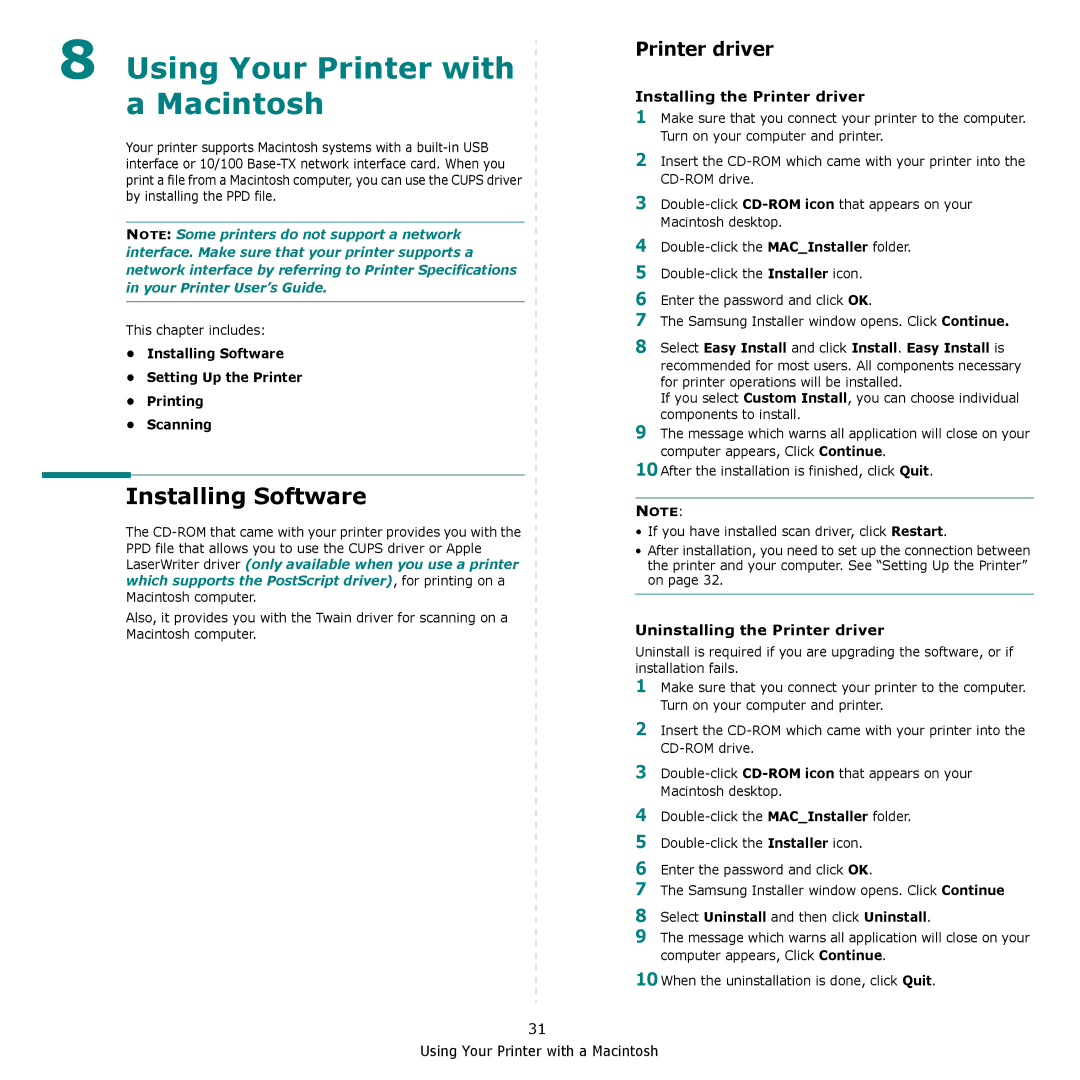 Samsung SCX-4300 manual Using Your Printer with a Macintosh, Installing Software, Installing the Printer driver 