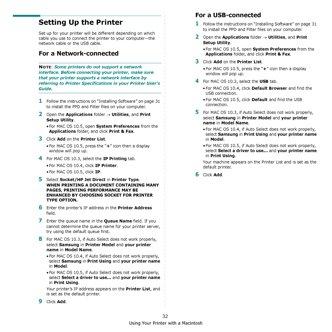 Samsung SCX-4300 manual Setting Up the Printer, For a Network-connected, For a USB-connected, Click Add on the Printer List 