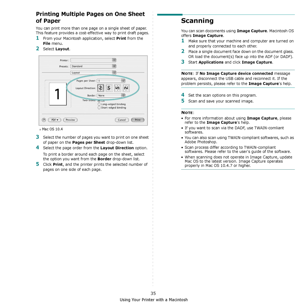 Samsung SCX-4300 manual Scanning, Printing Multiple Pages on One Sheet of Paper, Offers Image Capture 