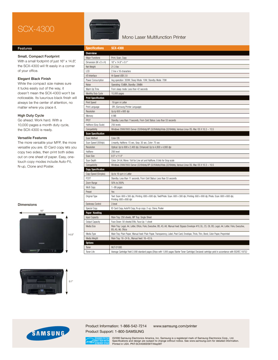 Samsung SCX-4300 dimensions Print Specification, Scan Specification, Paper Handling, Options 