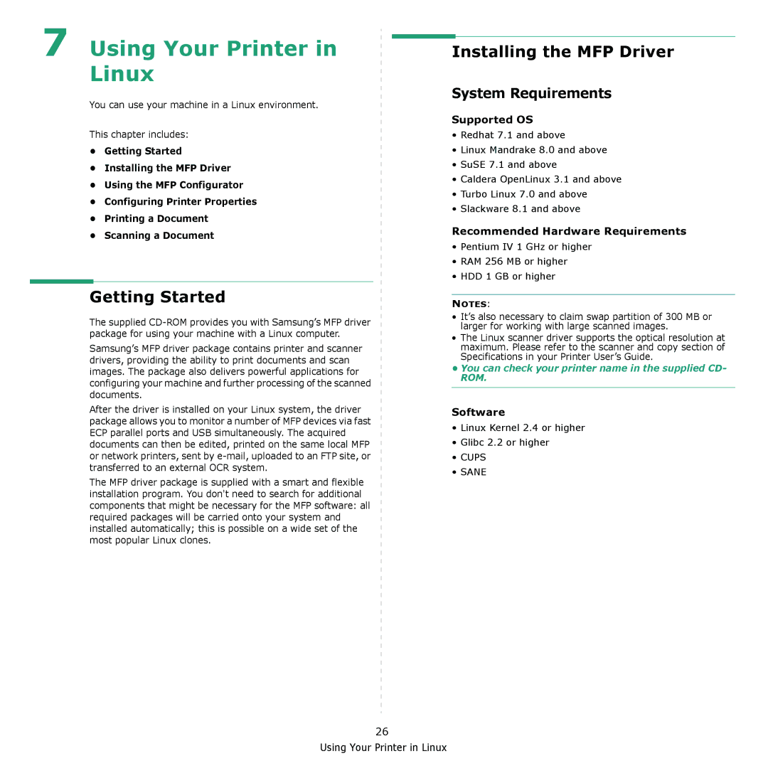 Samsung SCX-4321, SCX-4521F manual Using Your Printer in Linux, Getting Started, Installing the MFP Driver 