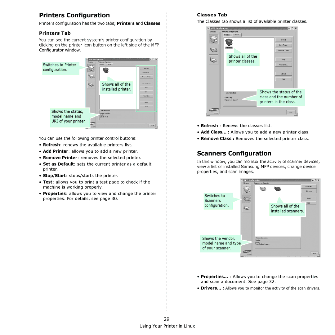 Samsung SCX-4521F, SCX-4321 manual Printers Configuration, Scanners Configuration, Printers Tab, Classes Tab 