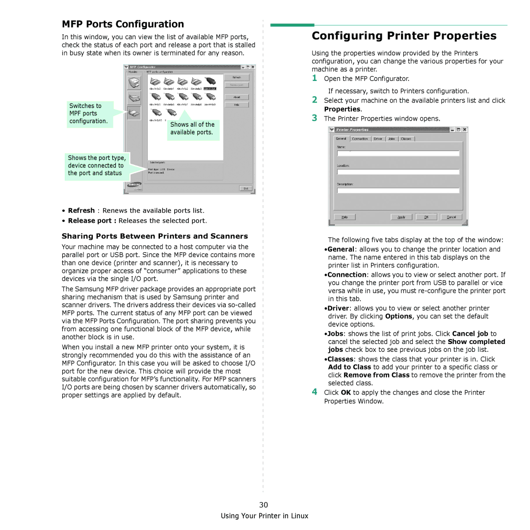 Samsung SCX-4321 Configuring Printer Properties, MFP Ports Configuration, Sharing Ports Between Printers and Scanners 