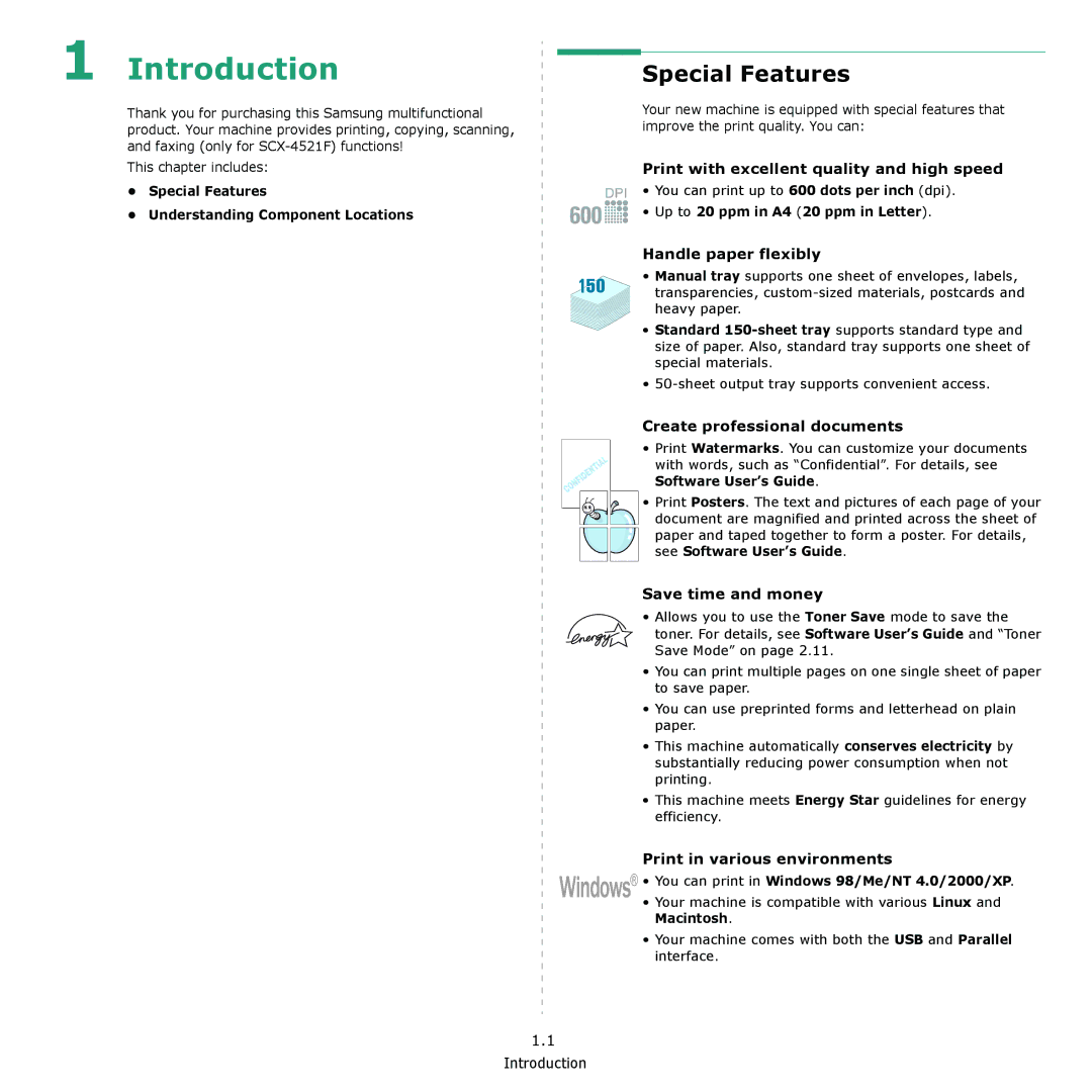 Samsung SCX-4521F, SCX-4321 manual Introduction, Special Features 