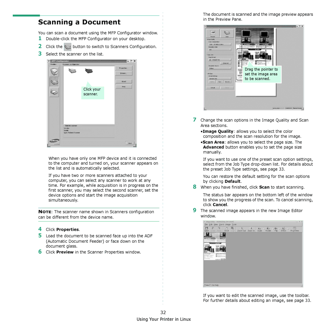 Samsung SCX-4321, SCX-4521F manual Scanning a Document, Click Properties 