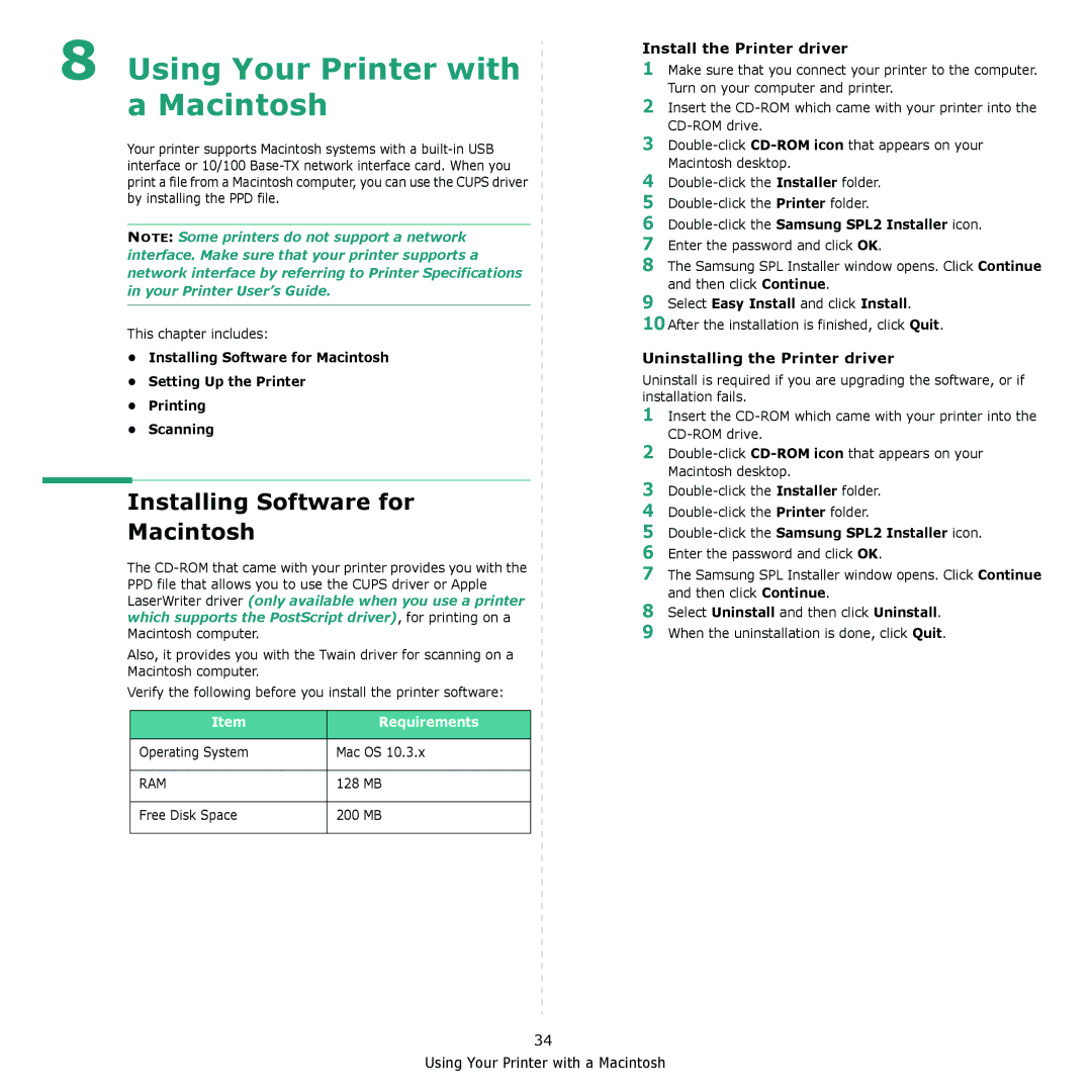 Samsung SCX-4321 manual Using Your Printer with a Macintosh, Installing Software for Macintosh, Install the Printer driver 