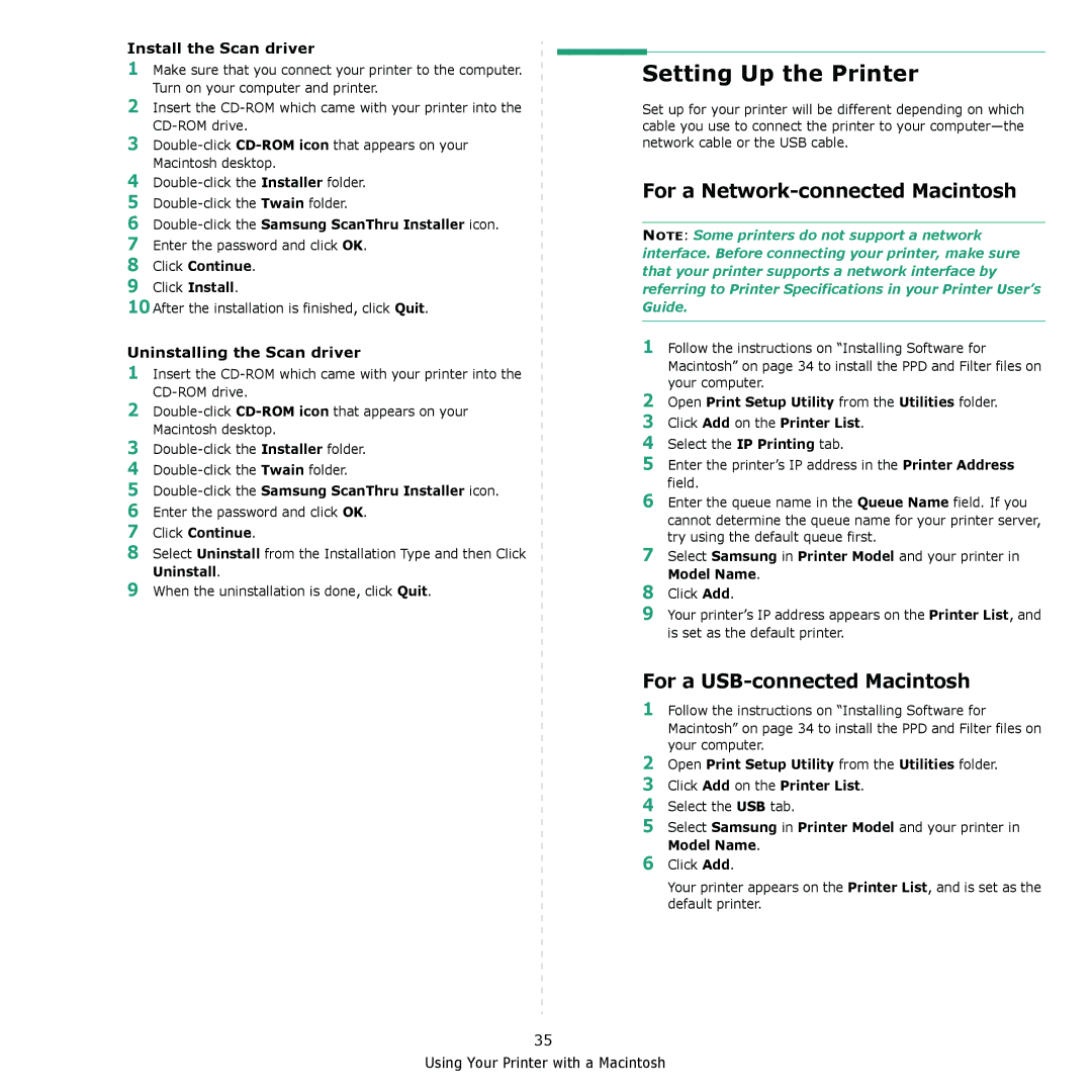 Samsung SCX-4521F, SCX-4321 manual Setting Up the Printer, For a Network-connected Macintosh, For a USB-connected Macintosh 