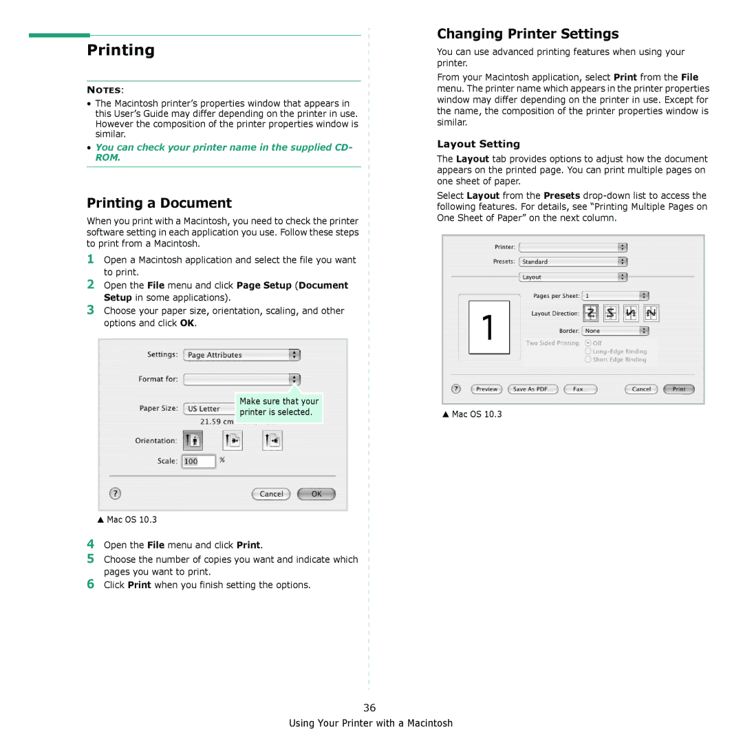 Samsung SCX-4321, SCX-4521F manual Printing a Document, Changing Printer Settings, Layout Setting 