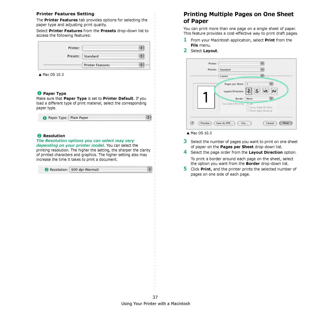 Samsung SCX-4521F, SCX-4321 manual Printing Multiple Pages on One Sheet of Paper, Printer Features Setting, Paper Type 