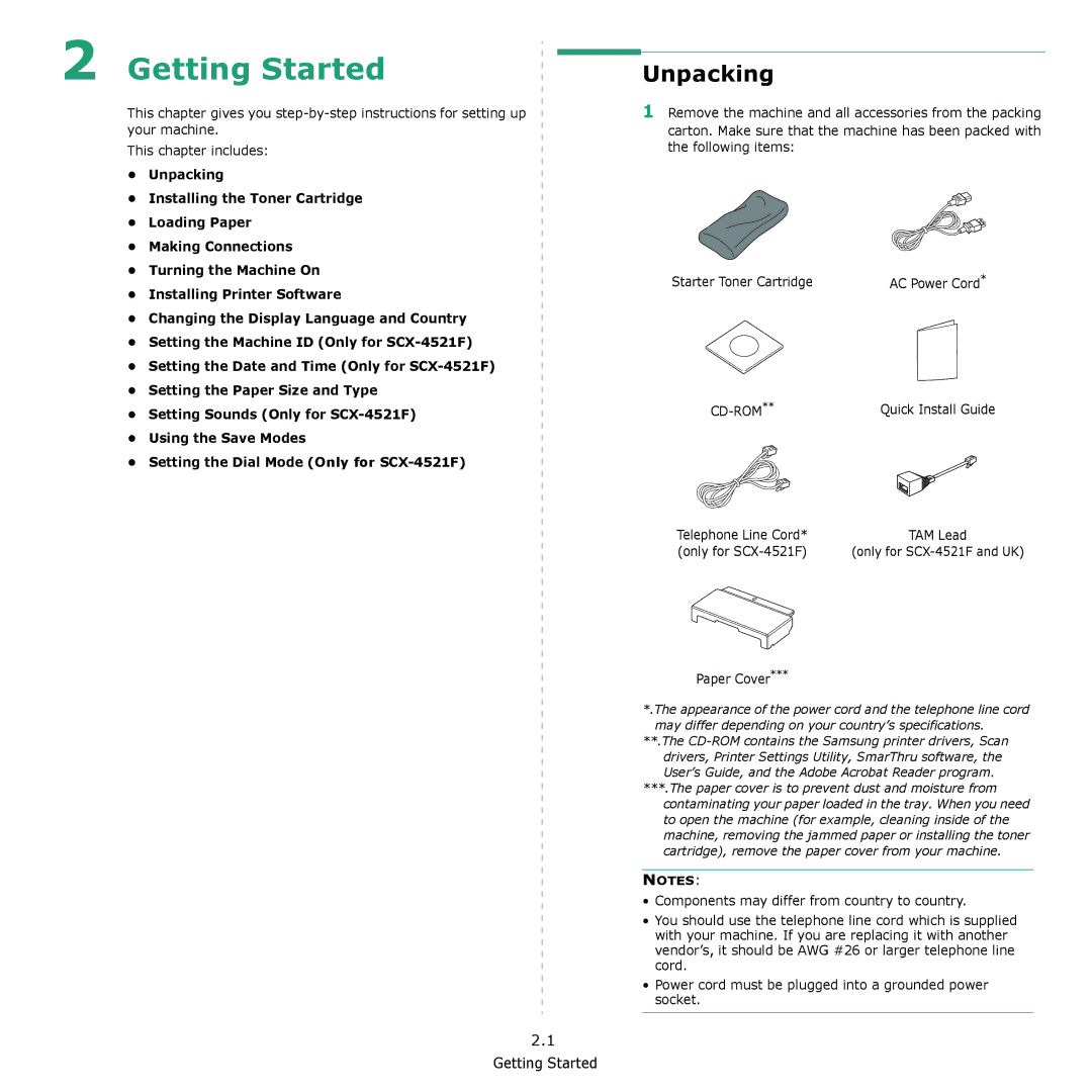 Samsung SCX-4321, SCX-4521F manual Getting Started, Unpacking 