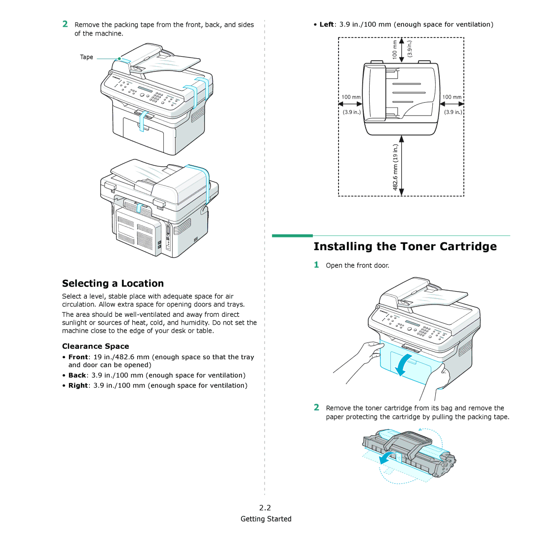 Samsung SCX-4521F, SCX-4321 Installing the Toner Cartridge, Selecting a Location, Clearance Space, Open the front door 