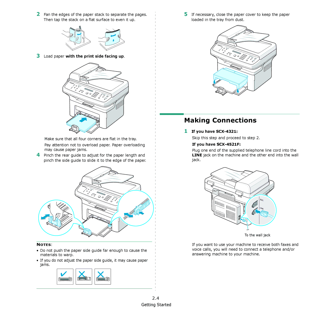 Samsung SCX-4521F manual Making Connections, Load paper with the print side facing up, If you have SCX-4321 