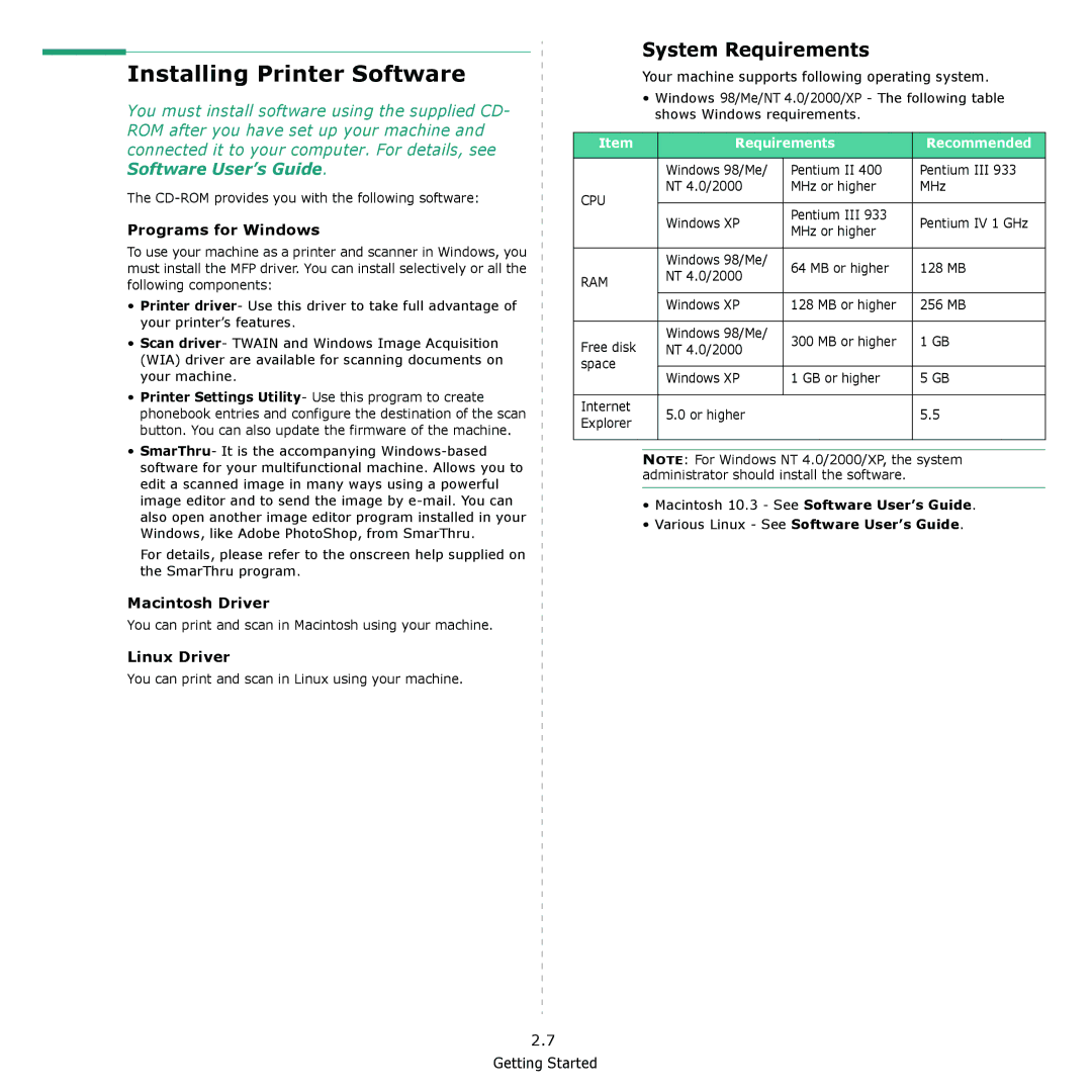 Samsung SCX-4321 Installing Printer Software, System Requirements, Programs for Windows, Macintosh Driver, Linux Driver 