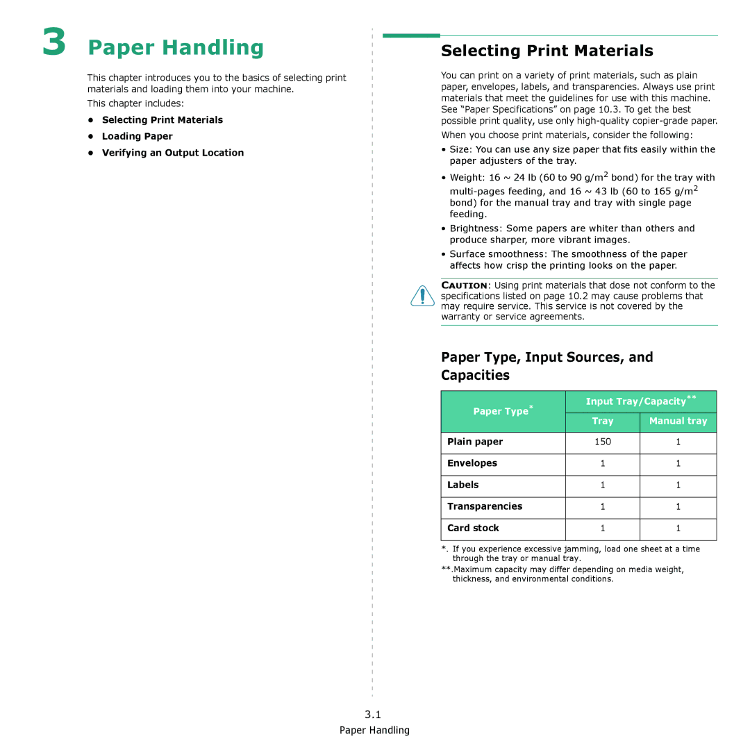 Samsung SCX-4321, SCX-4521F manual Paper Handling, Selecting Print Materials, Paper Type, Input Sources, and Capacities 