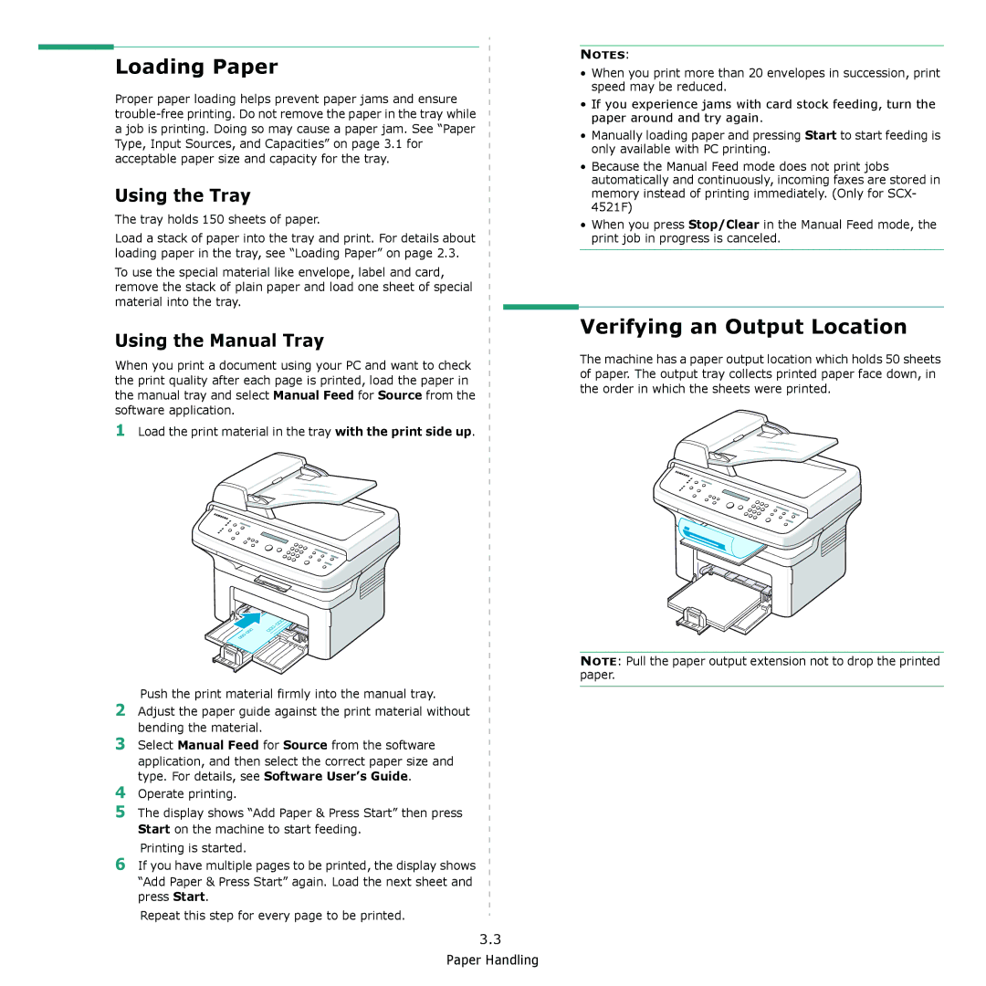 Samsung SCX-4321 manual Verifying an Output Location, Using the Tray, Using the Manual Tray, Tray holds 150 sheets of paper 