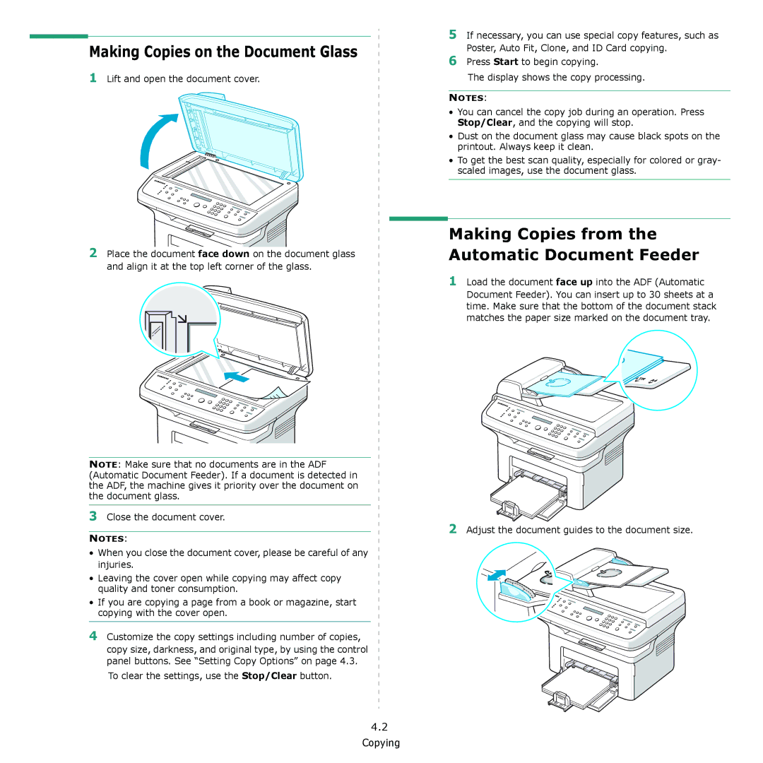 Samsung SCX-4321, SCX-4521F manual Making Copies on the Document Glass, Making Copies from the Automatic Document Feeder 