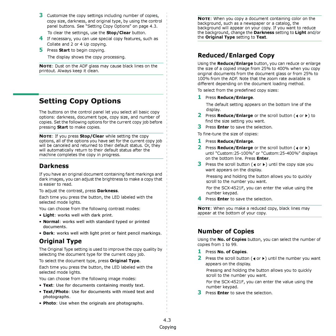 Samsung SCX-4521F, SCX-4321 manual Setting Copy Options, Darkness, Original Type, Reduced/Enlarged Copy, Number of Copies 