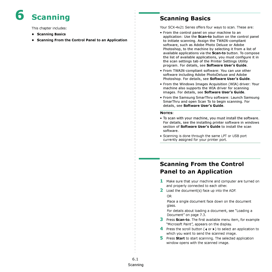 Samsung SCX-4321, SCX-4521F manual Scanning Basics, Your SCX-4x21 Series offers four ways to scan. These are 