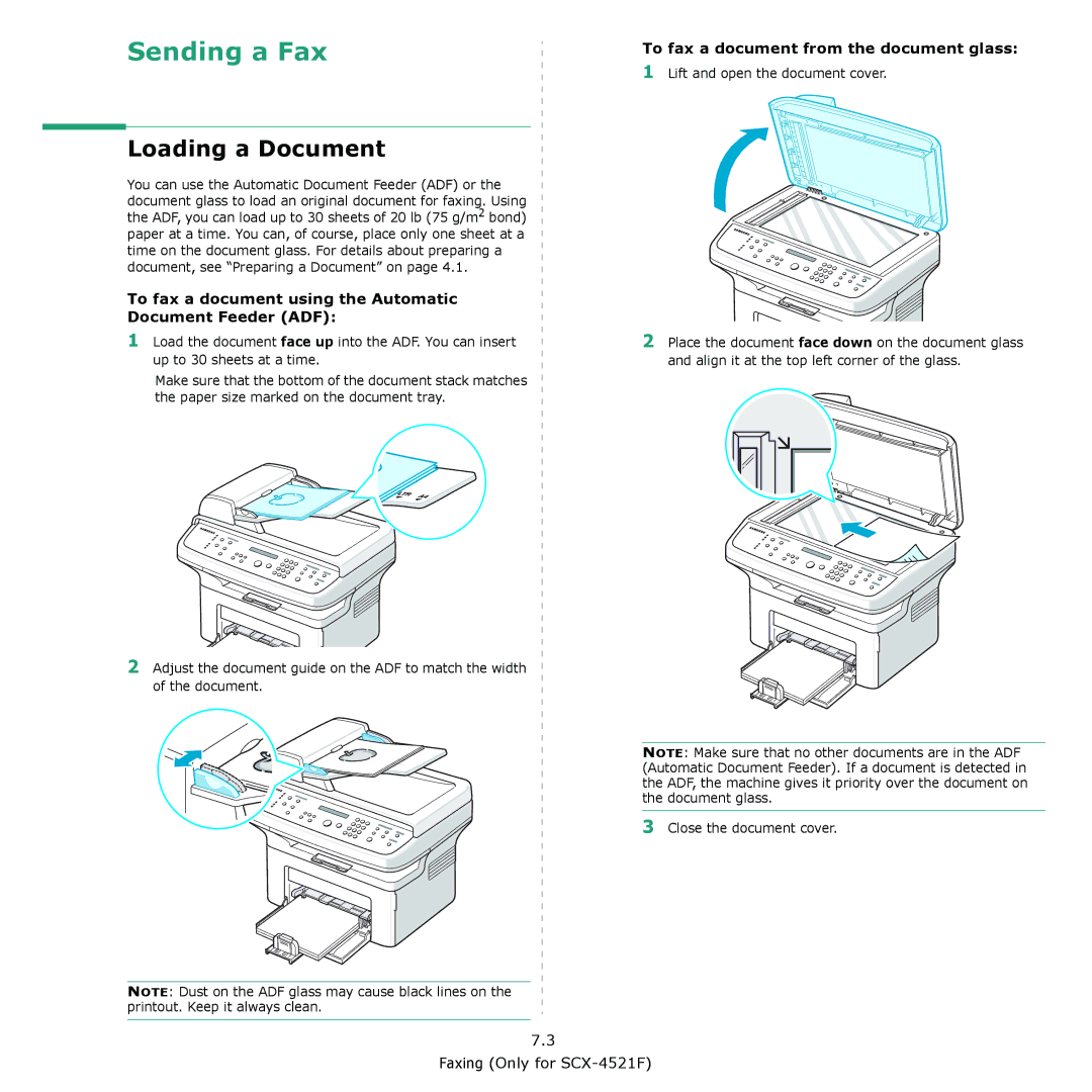 Samsung SCX-4521F, SCX-4321 manual Loading a Document, To fax a document using the Automatic Document Feeder ADF 