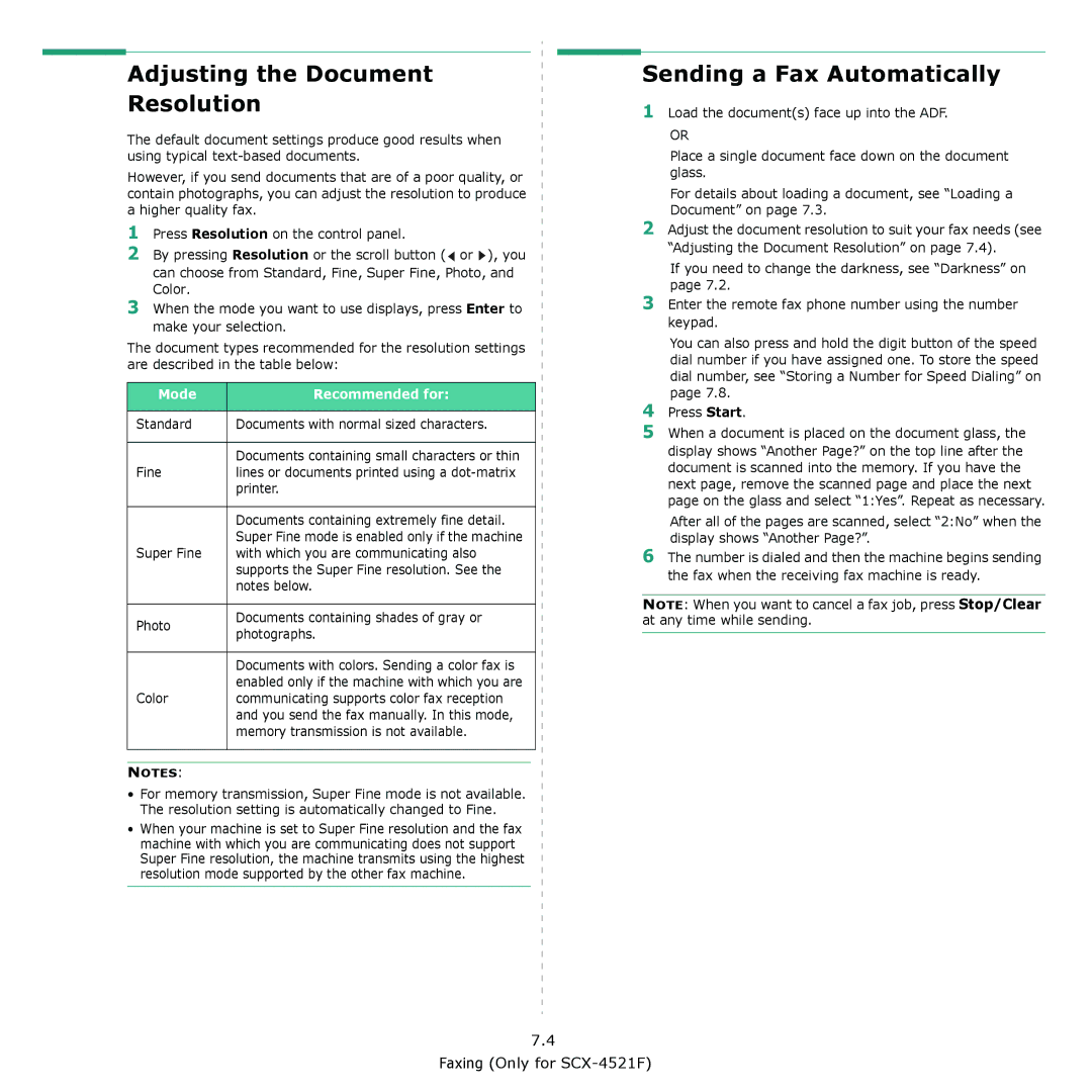 Samsung SCX-4321, SCX-4521F manual Adjusting the Document Resolution, Sending a Fax Automatically, Mode Recommended for 