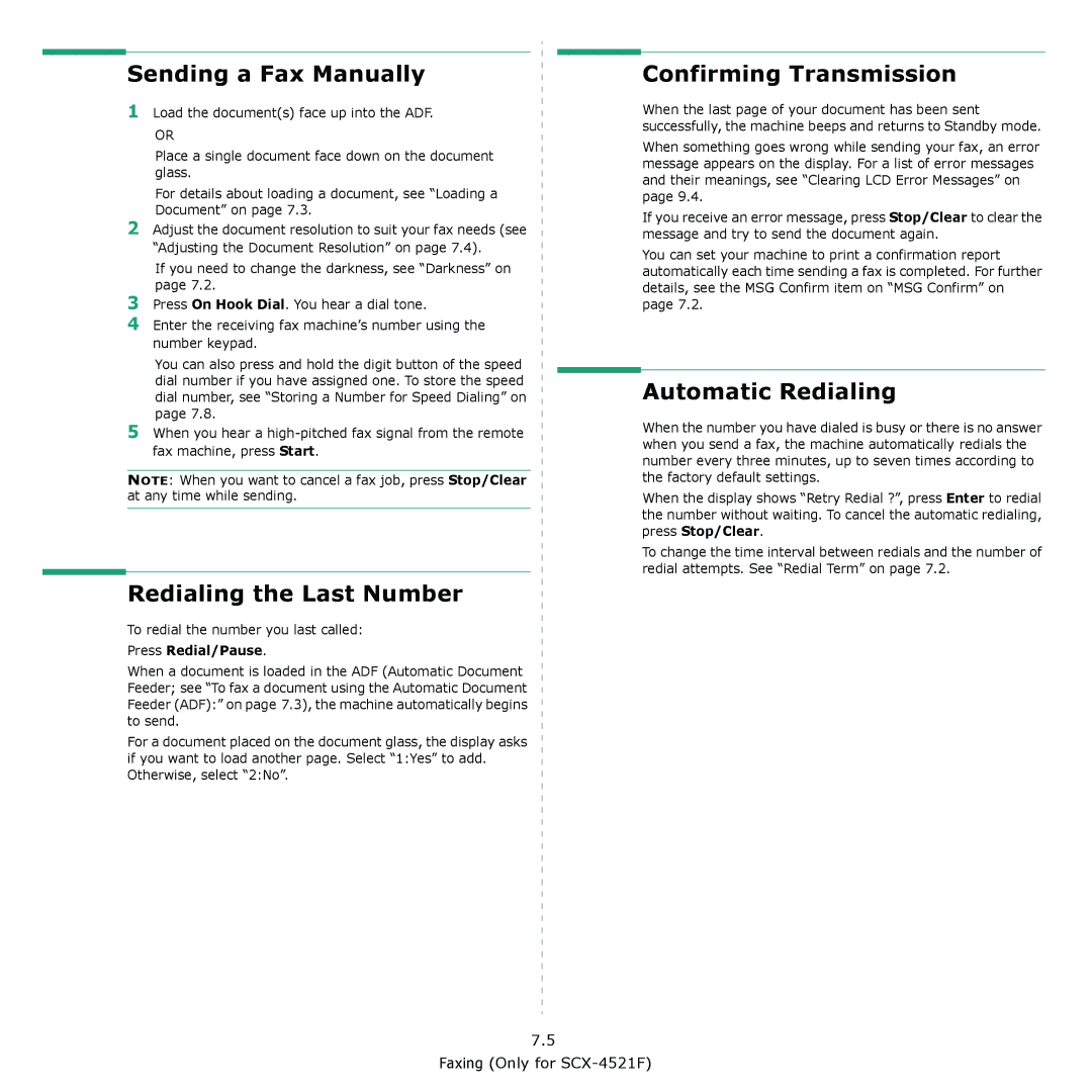 Samsung SCX-4521F manual Sending a Fax Manually, Redialing the Last Number, Confirming Transmission, Automatic Redialing 