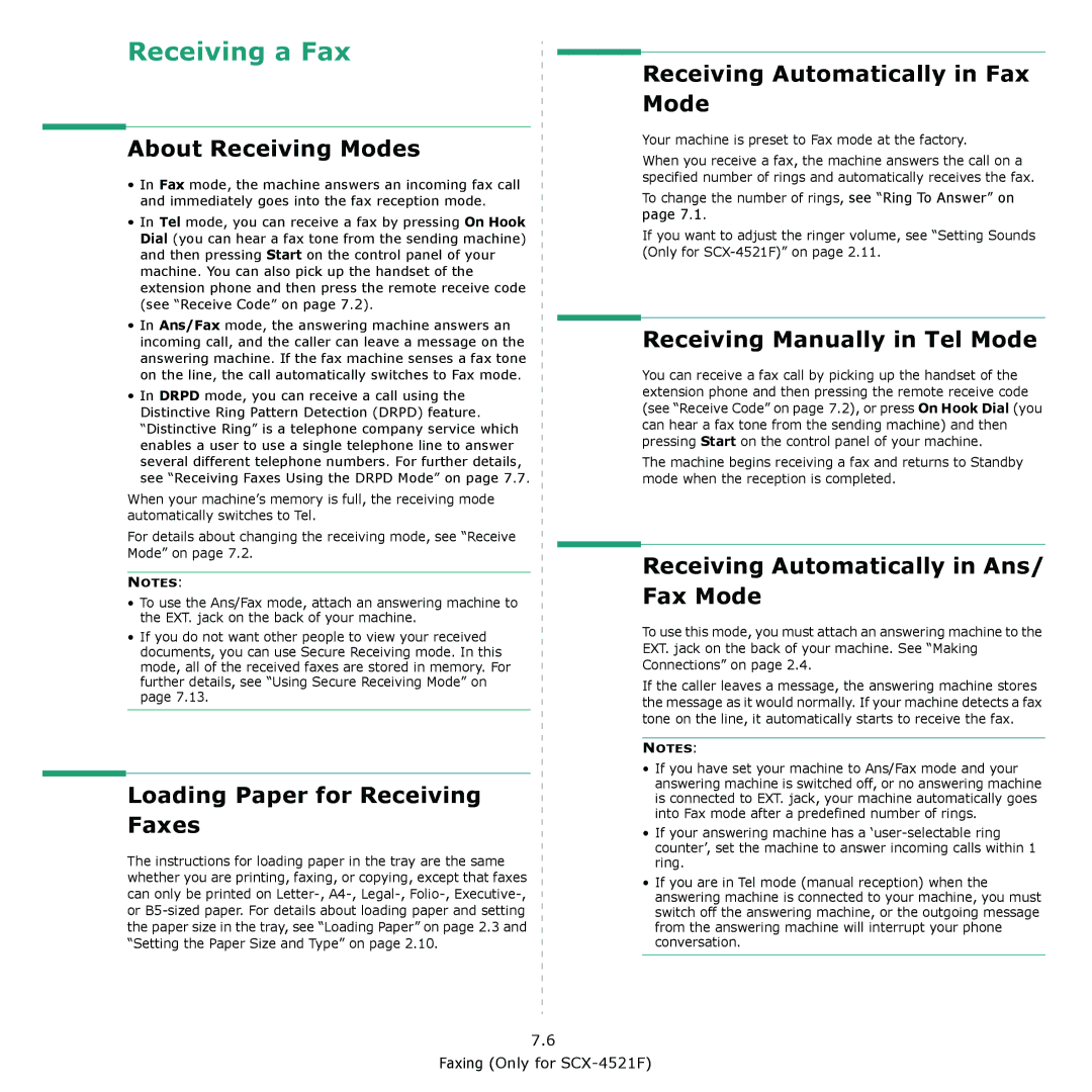 Samsung SCX-4321, SCX-4521F About Receiving Modes, Loading Paper for Receiving Faxes, Receiving Automatically in Fax Mode 