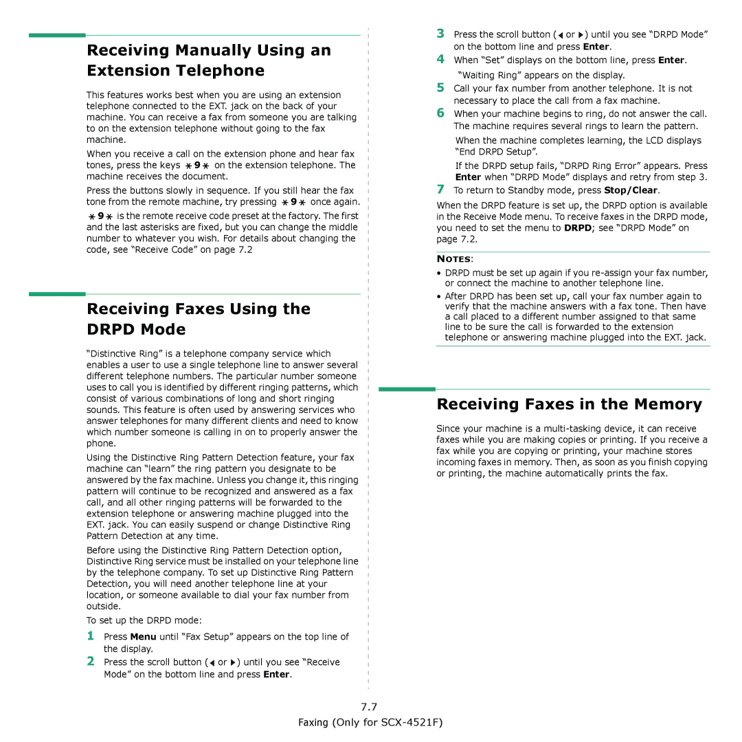 Samsung SCX-4521F, SCX-4321 manual Receiving Manually Using an Extension Telephone, Receiving Faxes Using the Drpd Mode 