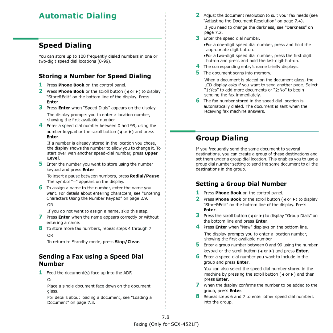 Samsung SCX-4321, SCX-4521F Group Dialing, Storing a Number for Speed Dialing, Sending a Fax using a Speed Dial Number 