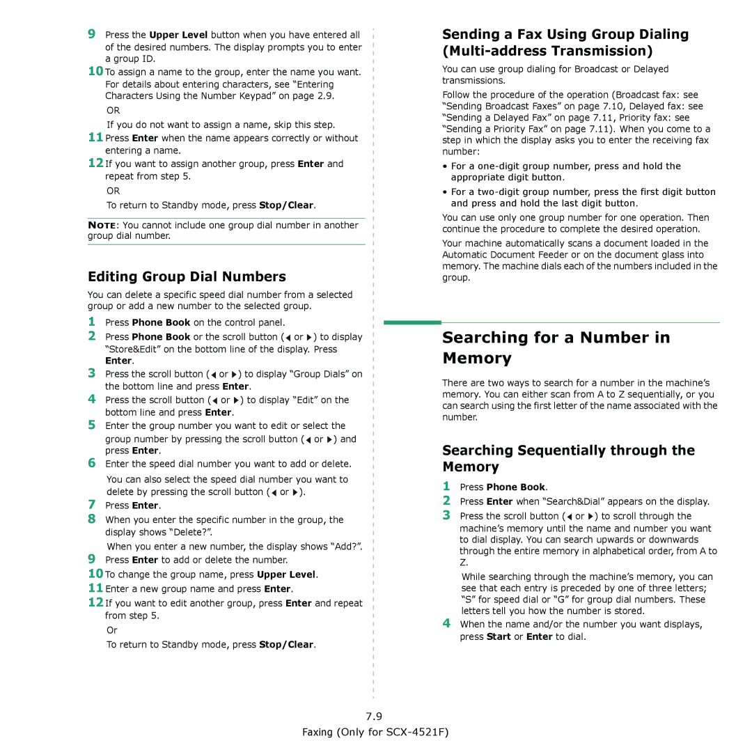 Samsung SCX-4521F Searching for a Number in Memory, Editing Group Dial Numbers, Searching Sequentially through the Memory 
