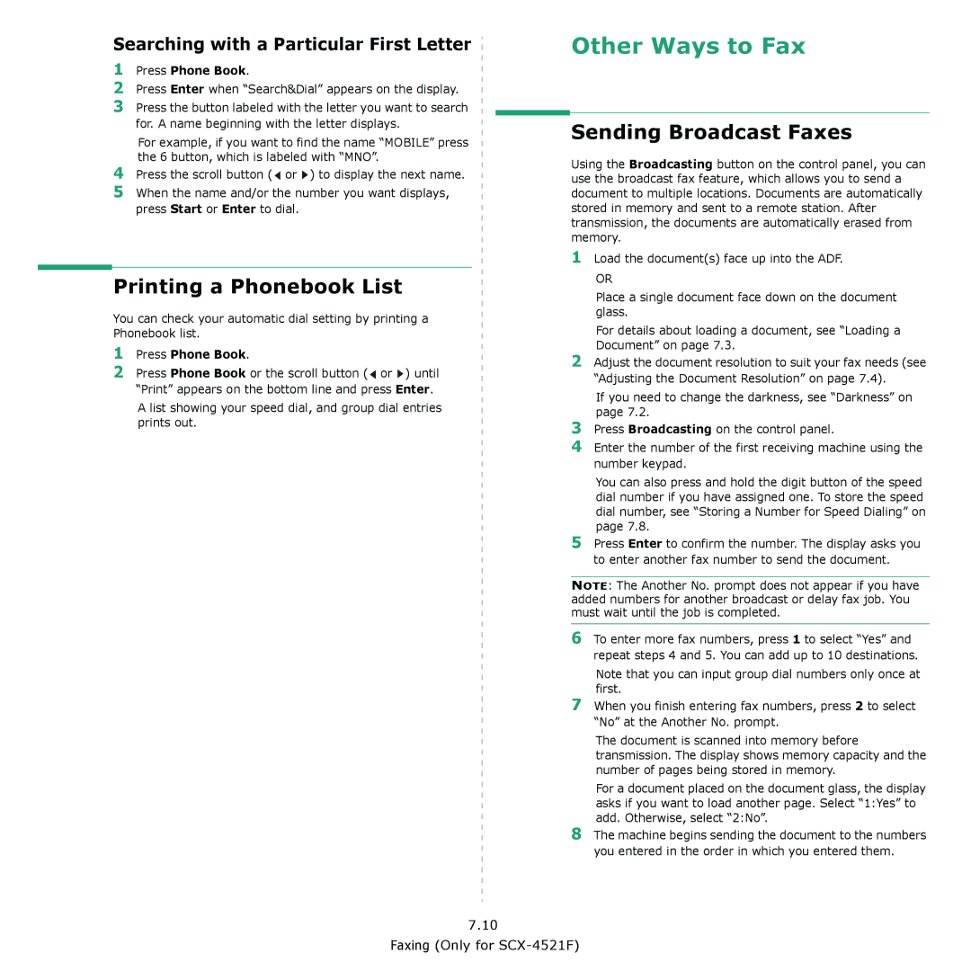 Samsung SCX-4321, SCX-4521F Printing a Phonebook List, Sending Broadcast Faxes, Searching with a Particular First Letter 