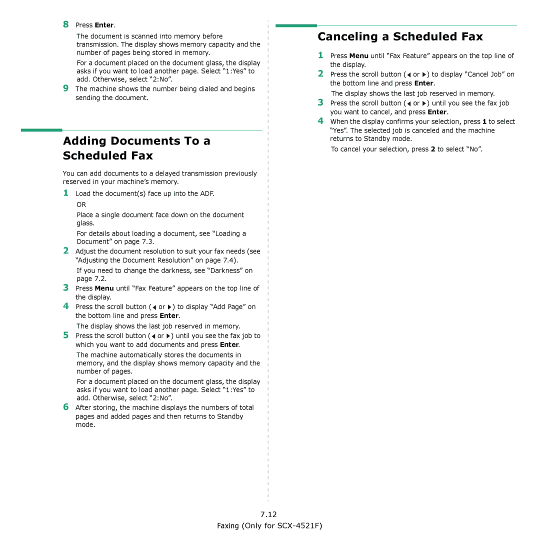 Samsung SCX-4321, SCX-4521F manual Adding Documents To a Scheduled Fax, Canceling a Scheduled Fax 