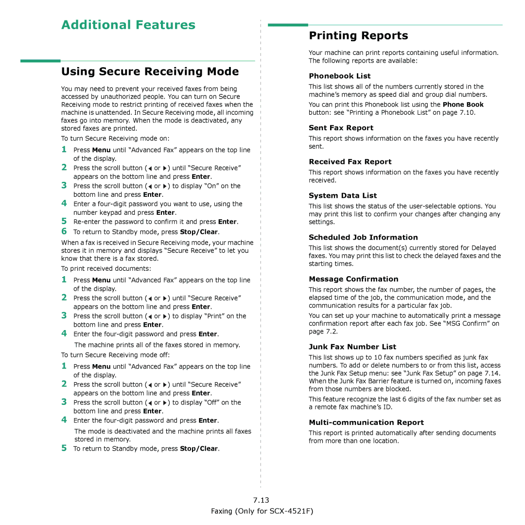 Samsung SCX-4521F, SCX-4321 manual Using Secure Receiving Mode, Printing Reports 