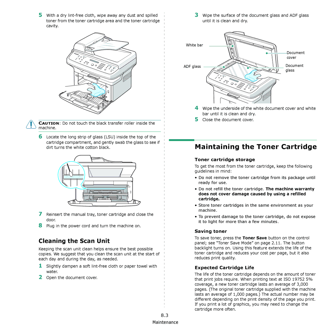 Samsung SCX-4521F, SCX-4321 Maintaining the Toner Cartridge, Cleaning the Scan Unit, Toner cartridge storage, Saving toner 