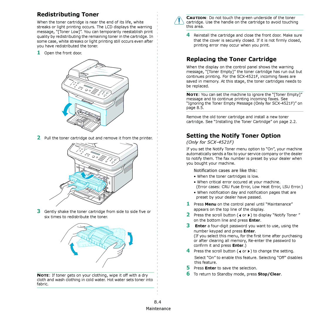 Samsung SCX-4321, SCX-4521F manual Redistributing Toner, Replacing the Toner Cartridge, Setting the Notify Toner Option 