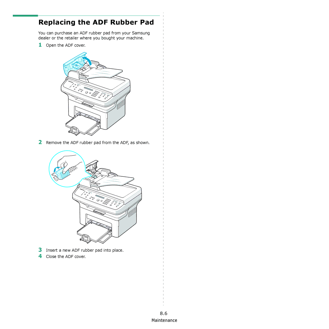 Samsung SCX-4321, SCX-4521F manual Replacing the ADF Rubber Pad 