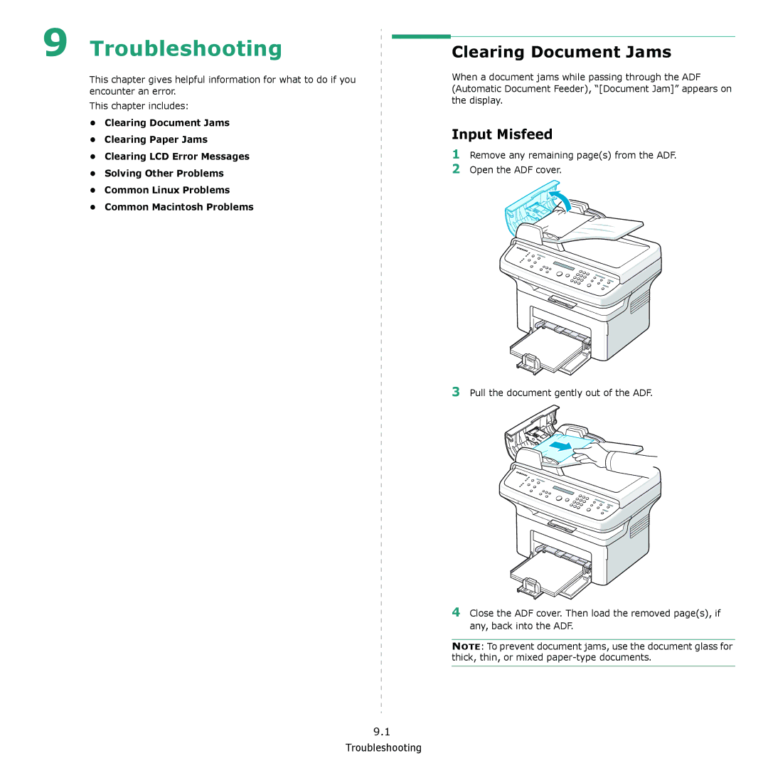 Samsung SCX-4521F, SCX-4321 manual Troubleshooting, Clearing Document Jams, Input Misfeed 