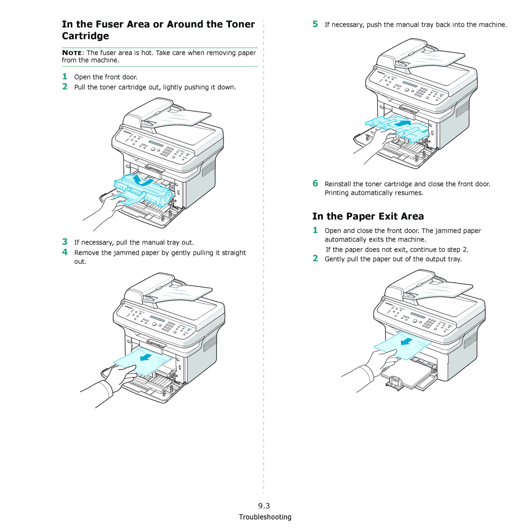 Samsung SCX-4521F, SCX-4321 manual Fuser Area or Around the Toner Cartridge, Paper Exit Area 