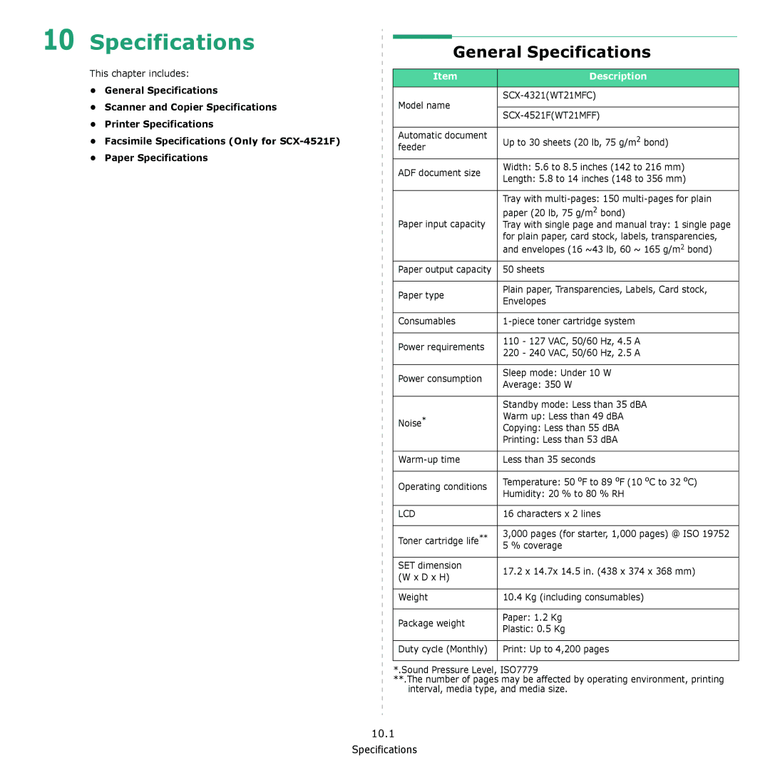 Samsung SCX-4321, SCX-4521F manual General Specifications 