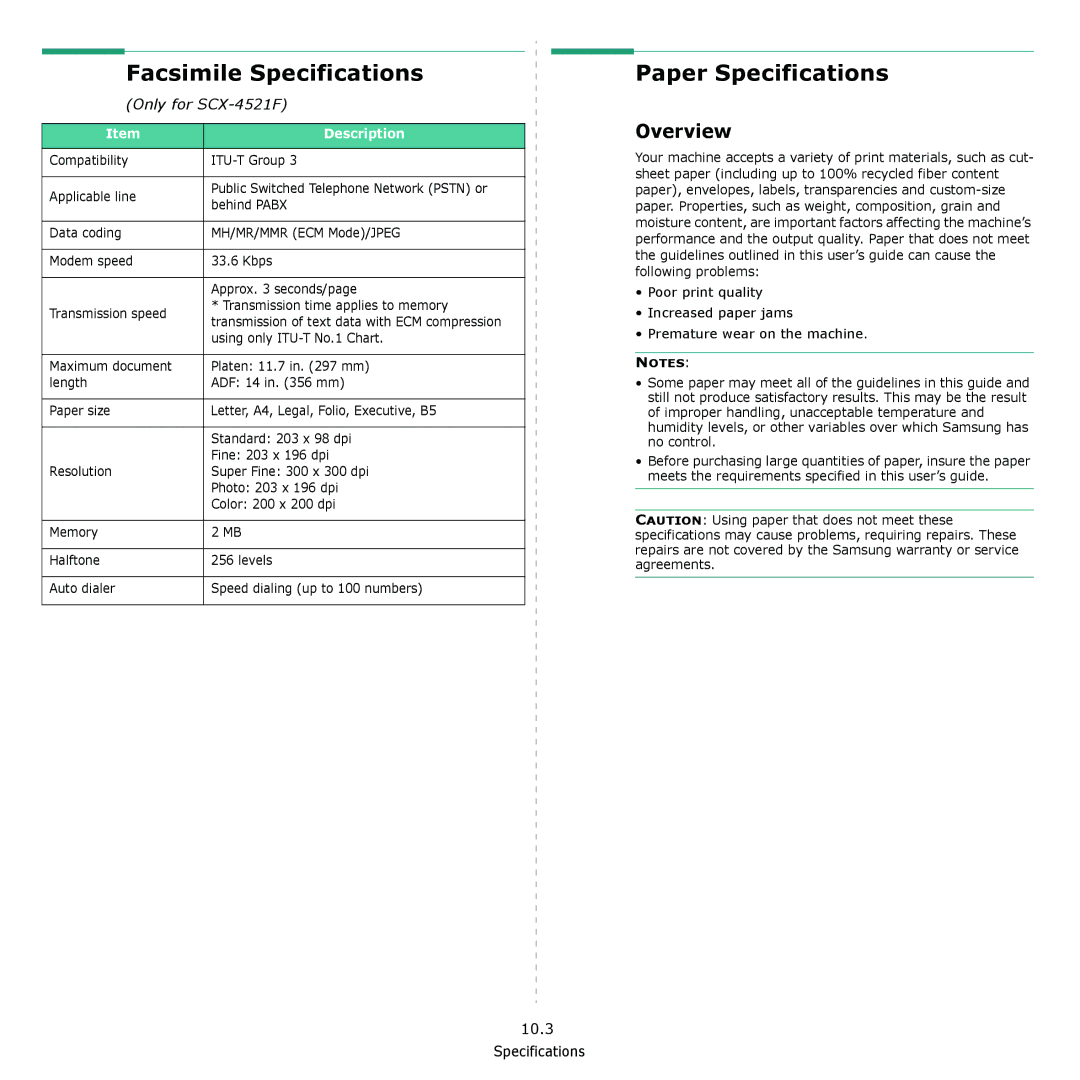 Samsung SCX-4321, SCX-4521F manual Facsimile Specifications, Paper Specifications, Overview 