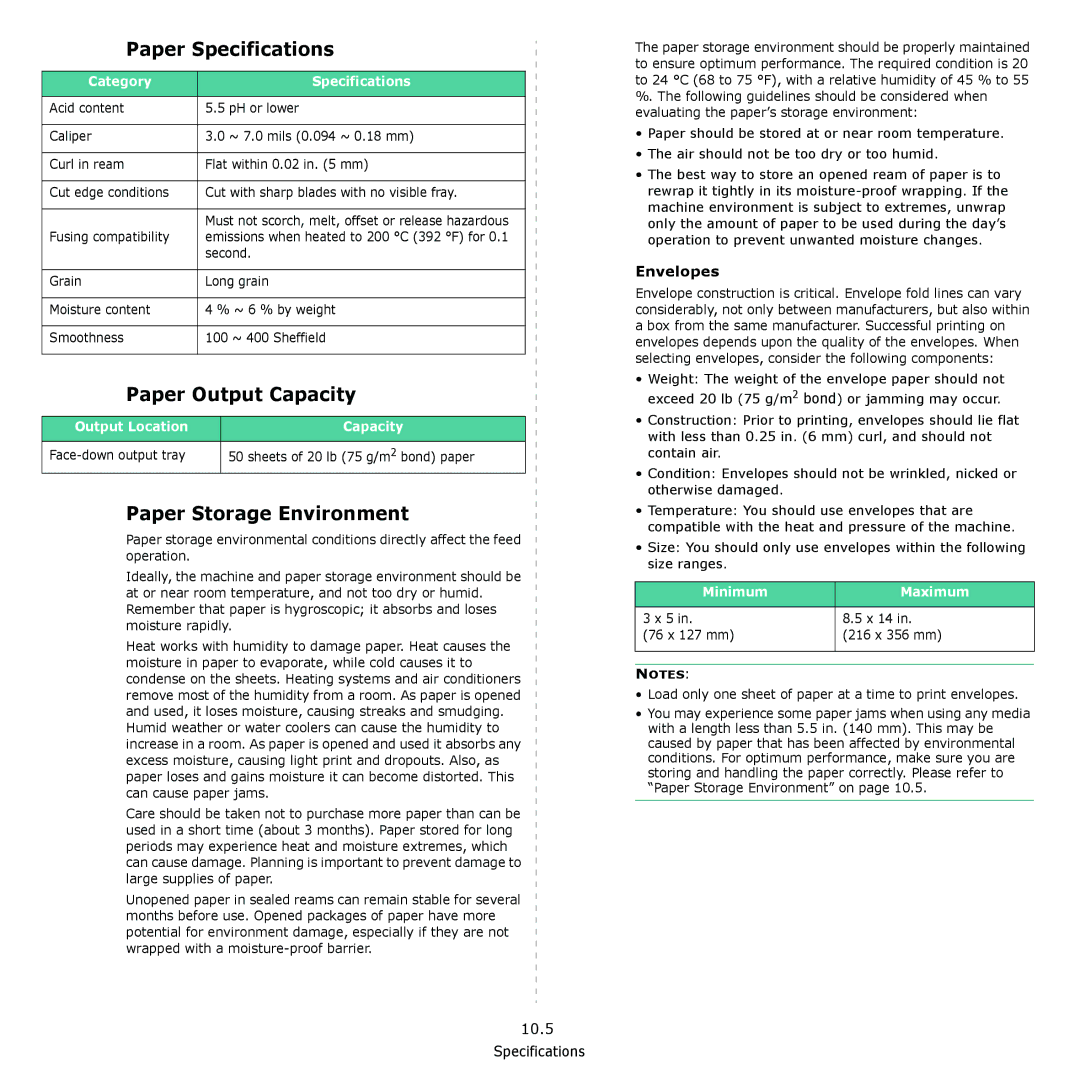 Samsung SCX-4321, SCX-4521F manual Paper Specifications, Paper Output Capacity, Paper Storage Environment, Envelopes 