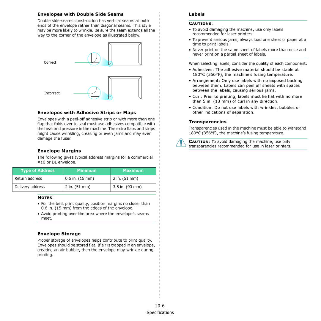 Samsung SCX-4521F Envelopes with Double Side Seams, Envelopes with Adhesive Strips or Flaps, Envelope Margins, Labels 