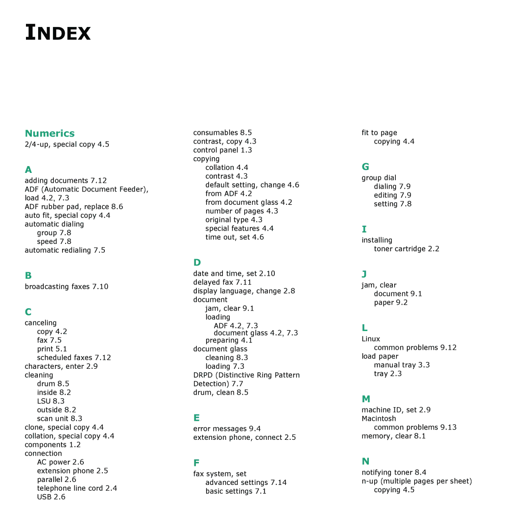 Samsung SCX-4321, SCX-4521F manual Index 