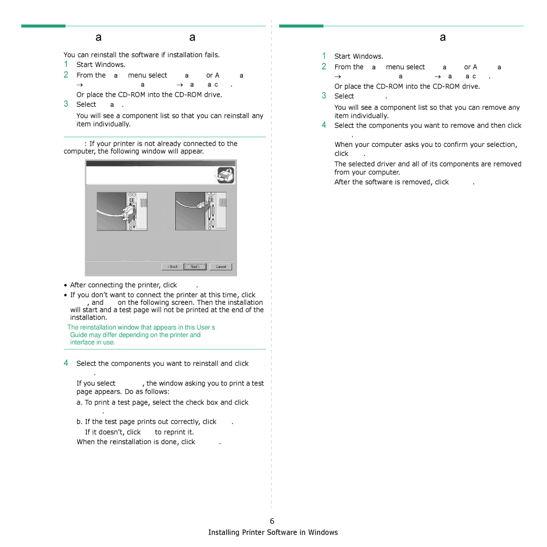 Samsung SCX-4321, SCX-4521F manual Reinstalling Printer Software, Removing Printer Software 