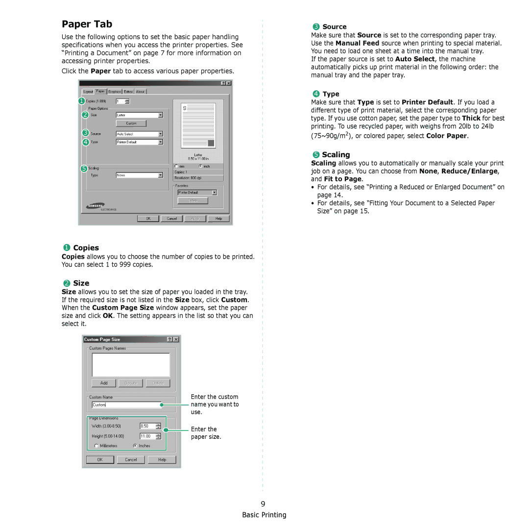 Samsung SCX-4521F, SCX-4321 manual Paper Tab, Copies, Size, Scaling 