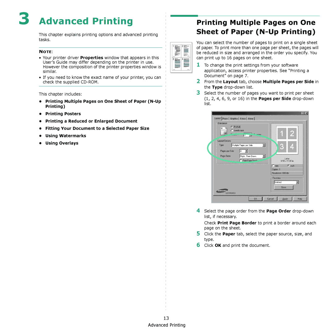 Samsung SCX-4521F, SCX-4321 manual Advanced Printing, Printing Multiple Pages on One Sheet of Paper N-Up Printing 