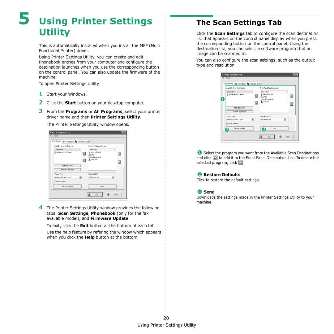 Samsung SCX-4321, SCX-4521F manual Using Printer Settings Utility, Scan Settings Tab, Restore Defaults, Send 