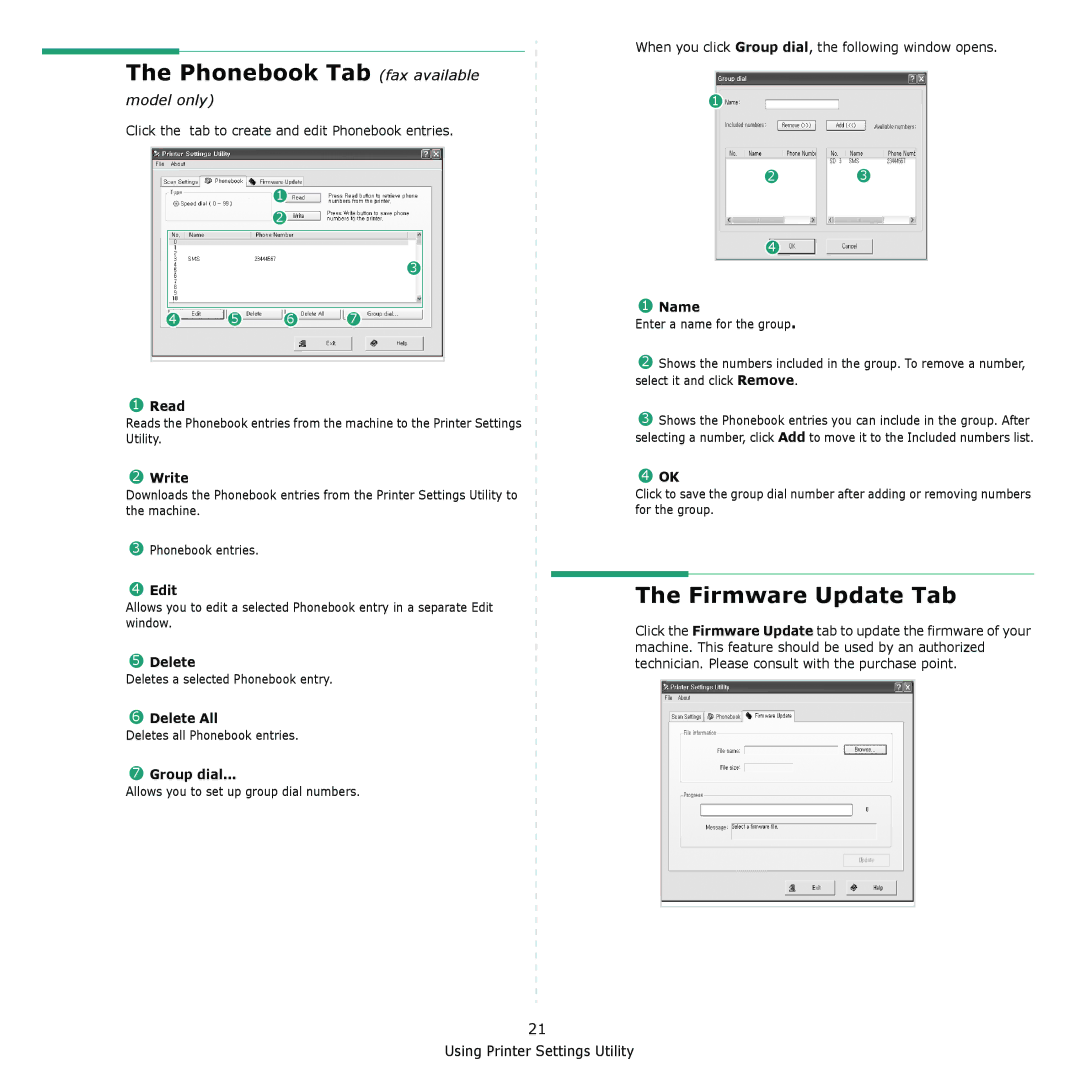 Samsung SCX-4521F, SCX-4321 manual Phonebook Tab fax available, Firmware Update Tab 