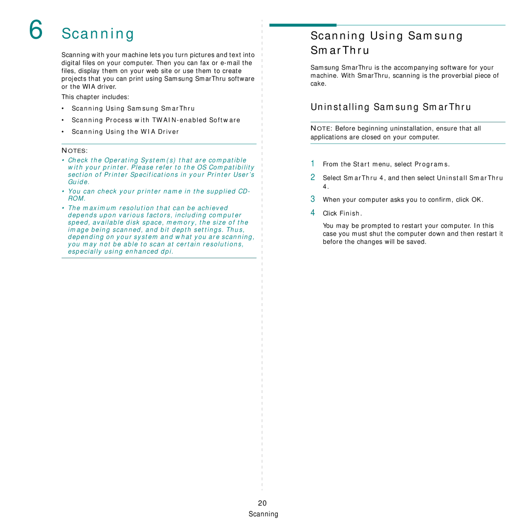 Samsung SCX-4521FR, SCX-4321 manual Scanning Using Samsung SmarThru, Uninstalling Samsung SmarThru 